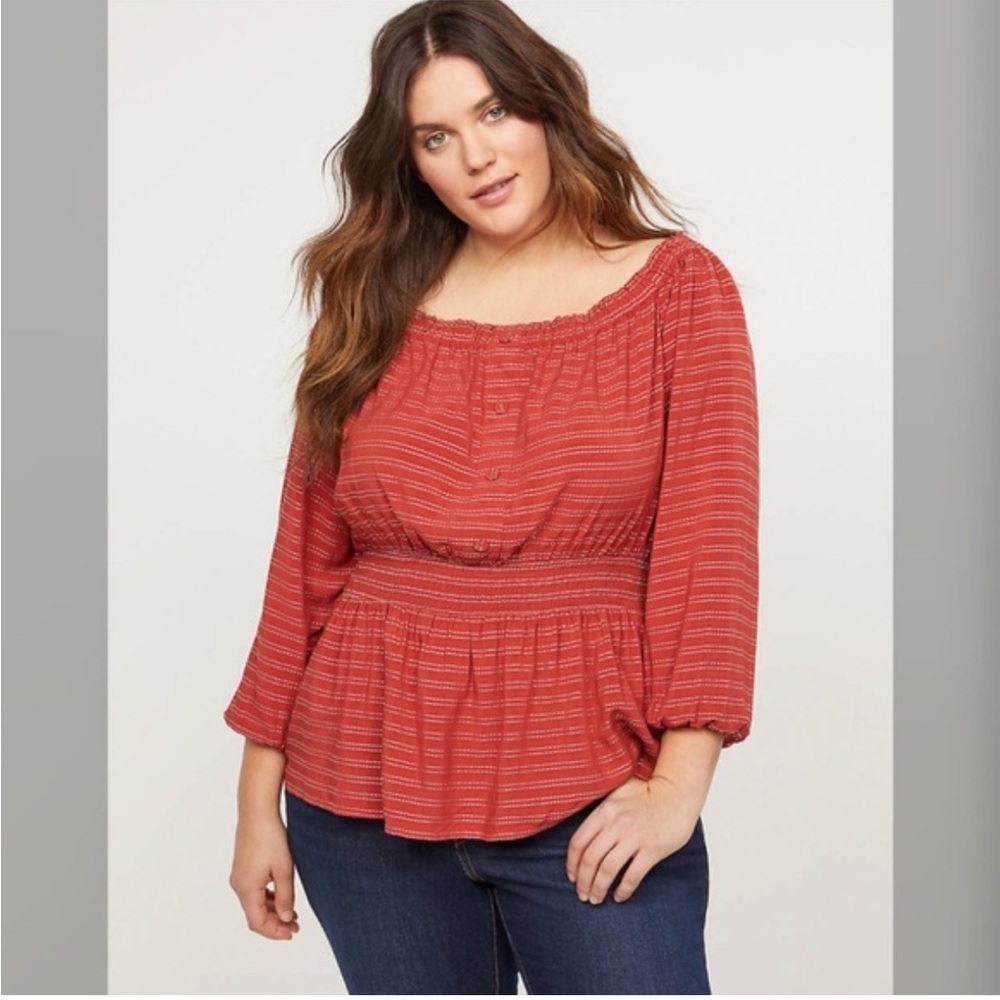 Lane Bryant Brick Red Peasant Blouse Euc